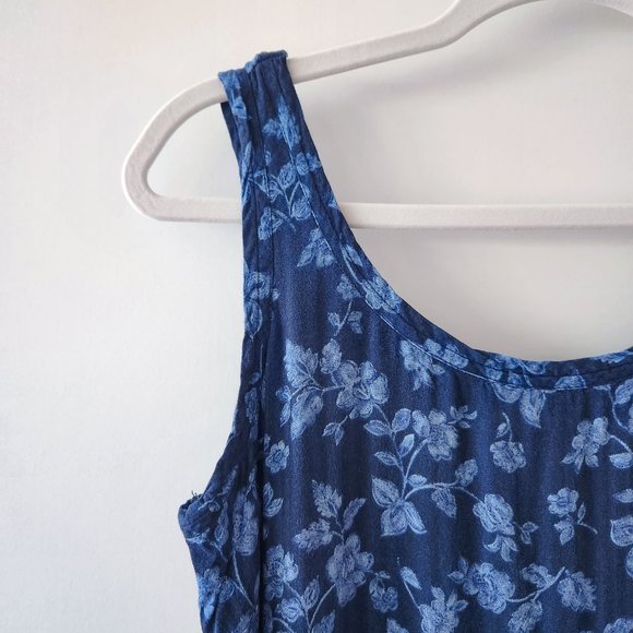 Vintage 90s Faded Glory Blue Floral Rayon Midi Tank Dress Size L - Picture 8 of 16